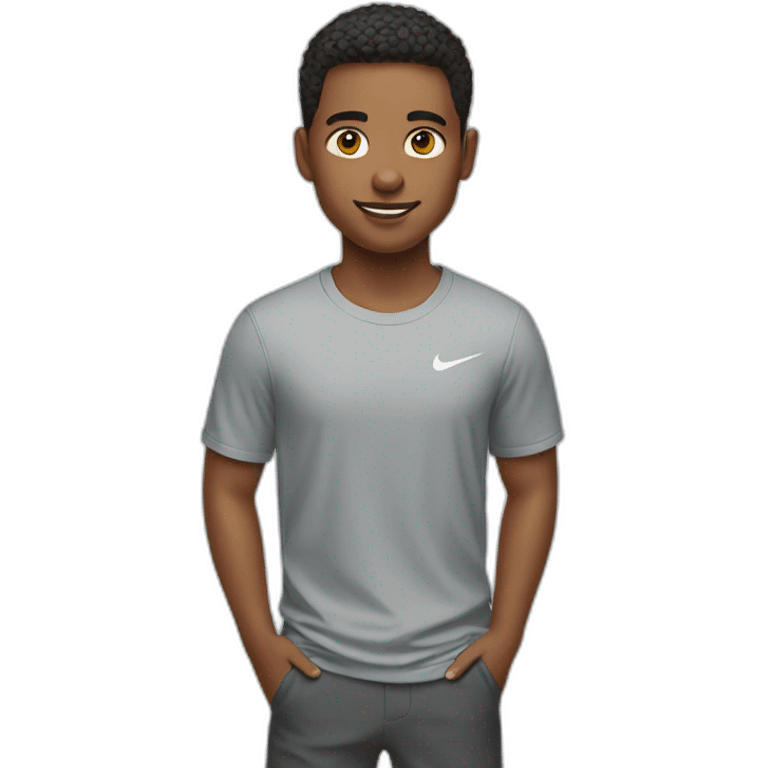 A young man wearing a Nike emoji