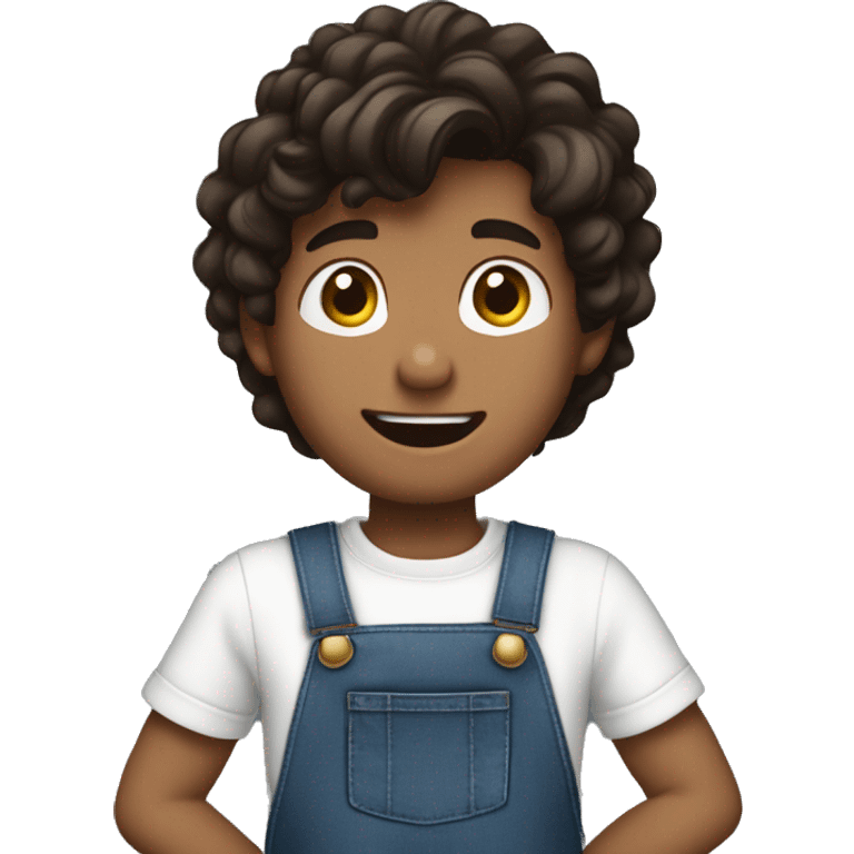 boy pointing to the sky, dark brown wavy hair, wearing blue jeans overalls and white shirt. half body. from behind emoji