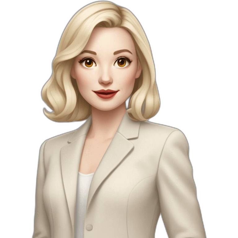 pale skin woman with ash blonde Straightened bob Hair, White Spacious classical jacket, beige palazzo Arrow pants and gray blouse holding a color palettes in the hands emoji