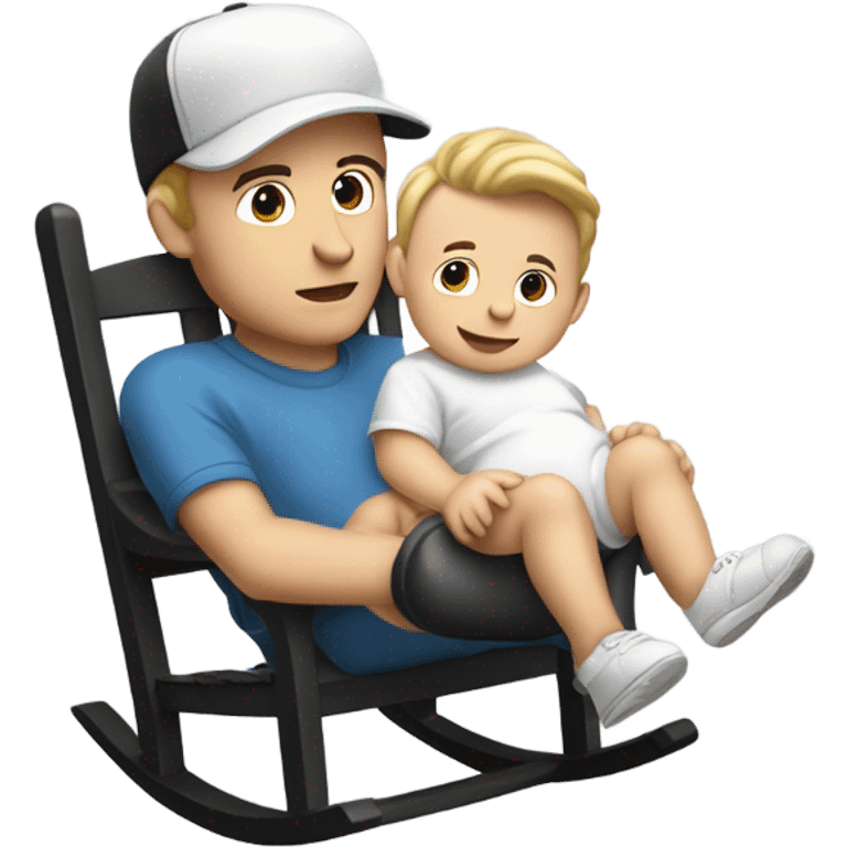 Young white man in unlabeled baseball hat rocking a white infant baby in puffy grey rocker  emoji