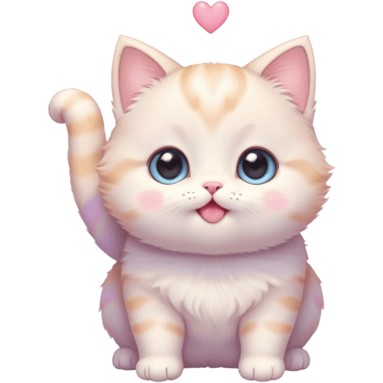 Cinematic chubby pastel kitten, big round eyes full of wonder, tiny paws reaching up, soft fluffy fur glowing in warm light, delicate heart-shaped nose, irresistibly cute and snuggly. emoji