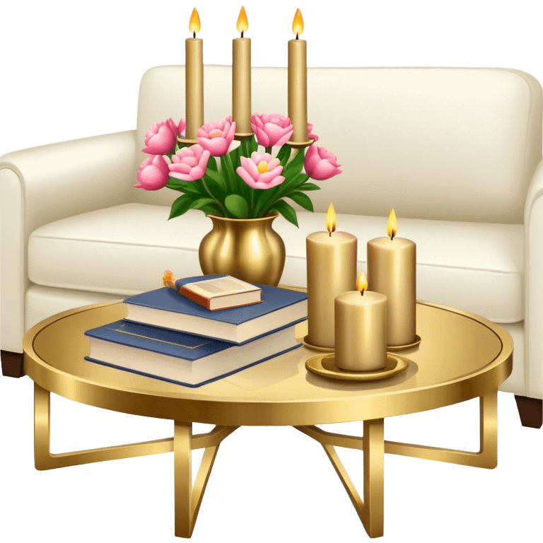 Modern brass coffee table with candles, flowers, and a stack of books emoji