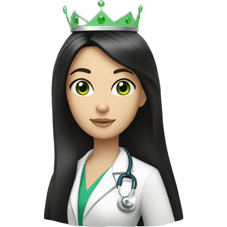 White Female doctor green eyes long black hair and a crown emoji