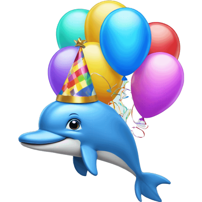 Blue dolphin with balloons and party hat  emoji