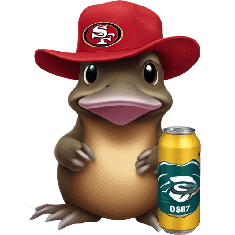 platypus in a 49ers hat holding a beer can emoji