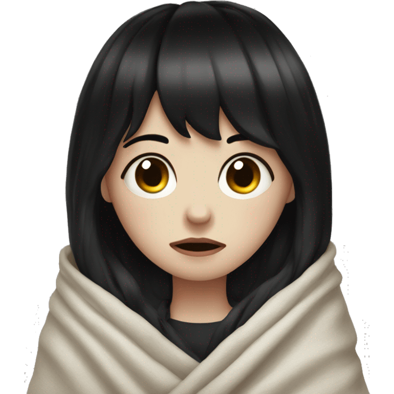 Portrait Girl pale skin with black hair and bangs a blanket around her crying emoji