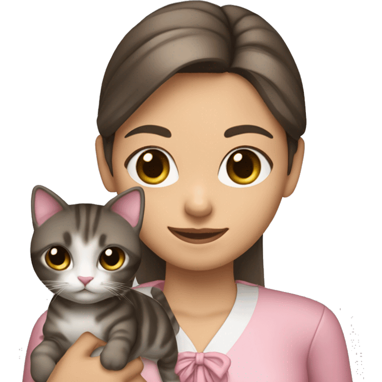 Brunette girl with straight hair in a pink blouse, holding a gray, striped, brown-eyed cat with a bow in her arms emoji