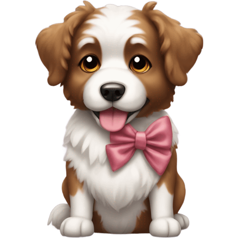 Fluffy brown and white dog with bow emoji