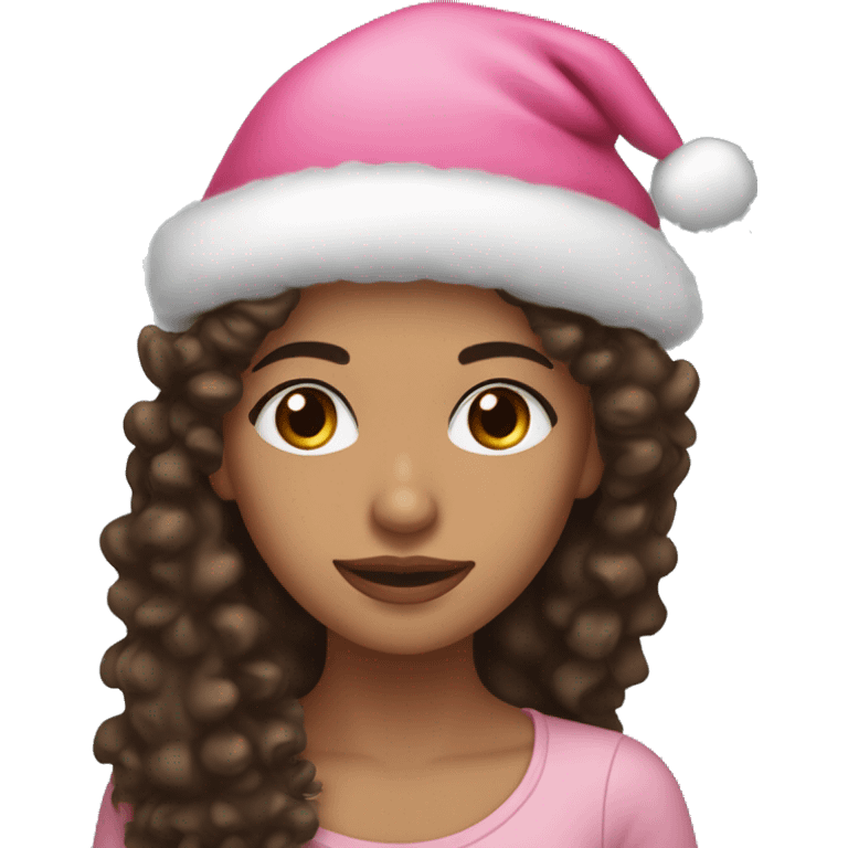 light brown skinned pretty woman with long black curly hair and almond brown eyes with pink christmas hat emoji