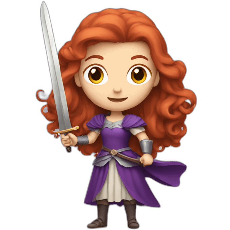 a redhead women in purple dress with sword emoji