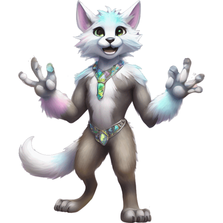 Furry, sparkle, iridescent, colorful, pastel, edgy, cool, fantasy beautiful, divine, animal, anthro, full body, fursona, protogen, feline emoji