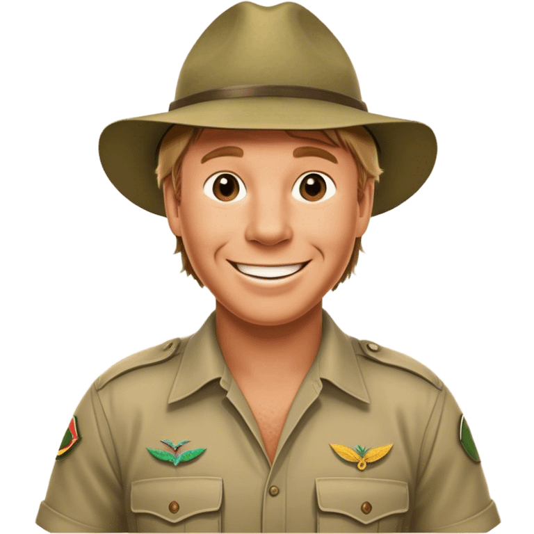 Cinematic Realistic Steve Irwin Portrait Emoji, depicted as a passionate wildlife expert in his signature khaki attire with an enthusiastic smile and a backdrop of the Australian outback, rendered with vibrant textures and dynamic natural lighting that captures his adventurous spirit. emoji