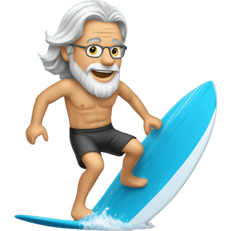 Long Grey haired (shoulder length hair) man surfing shirt off emoji