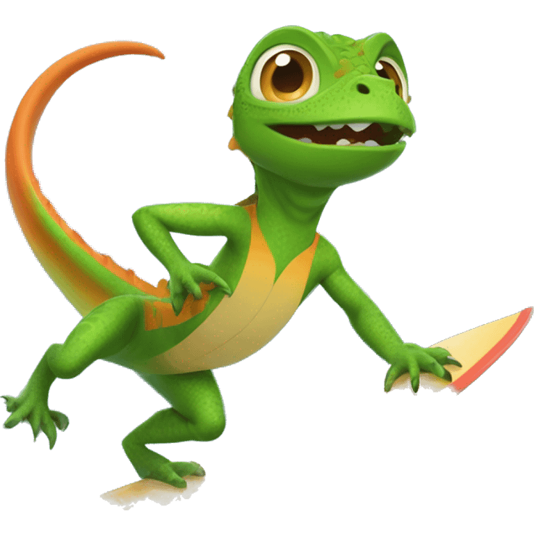 Create an image of a lizard 🦎 riding on a surfboard 🏄 in the ocean 🌊. The lizard should look like it's having fun, with a cool and playful vibe emoji