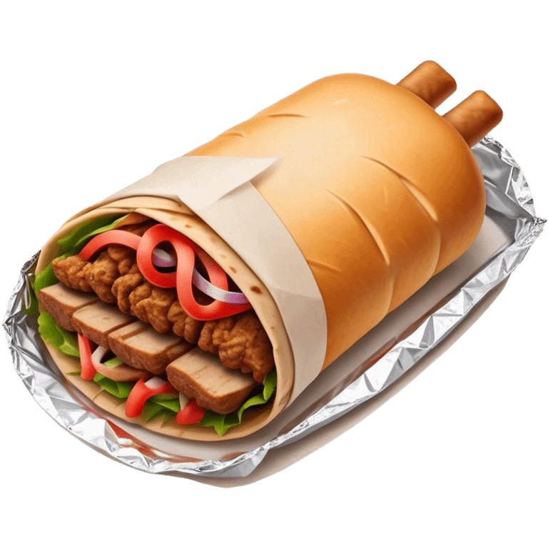 Doner Kebab Cinematic Realistic Doner Kebab Dish Emoji, depicted as iconic, spiced meat wrapped in foil and paper, rendered with lifelike textures and dynamic, appetizing lighting. emoji