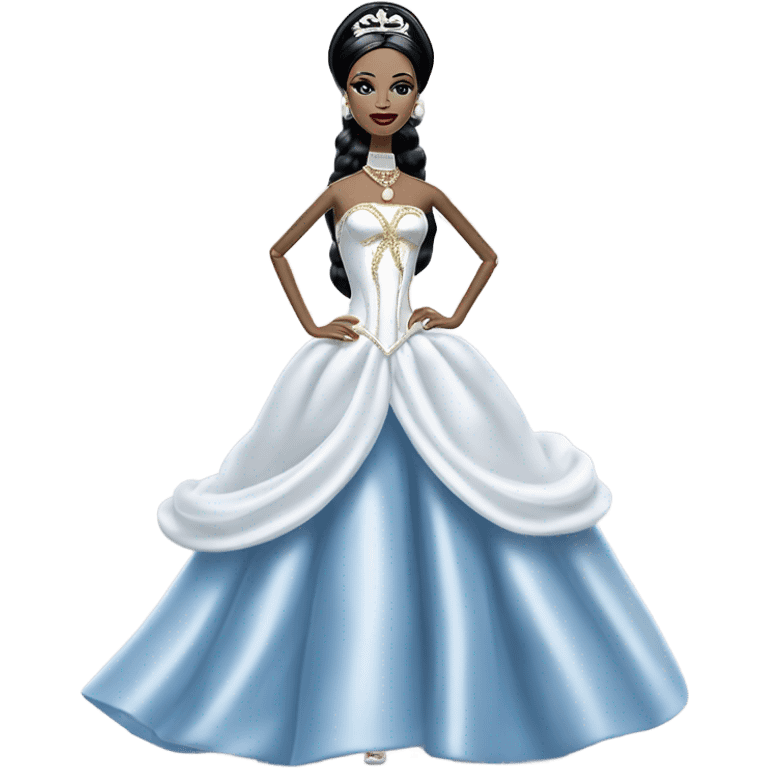 Tall realistic face teen Morticia Addams in as Princess Leia Barbie in ruffled pearl-white and blue ballet ball gown with gold accents and accessories  emoji