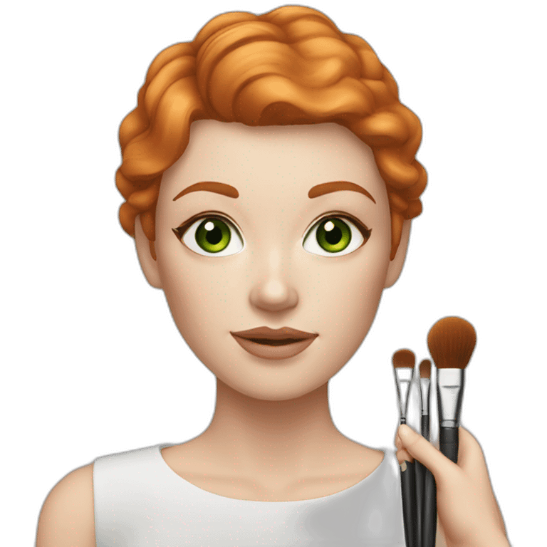 Ginger short hair, White woman with makeup brushes in hand, green eyes emoji