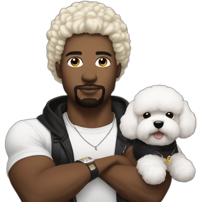 white man black hair,  rapper flexing with a bichon emoji