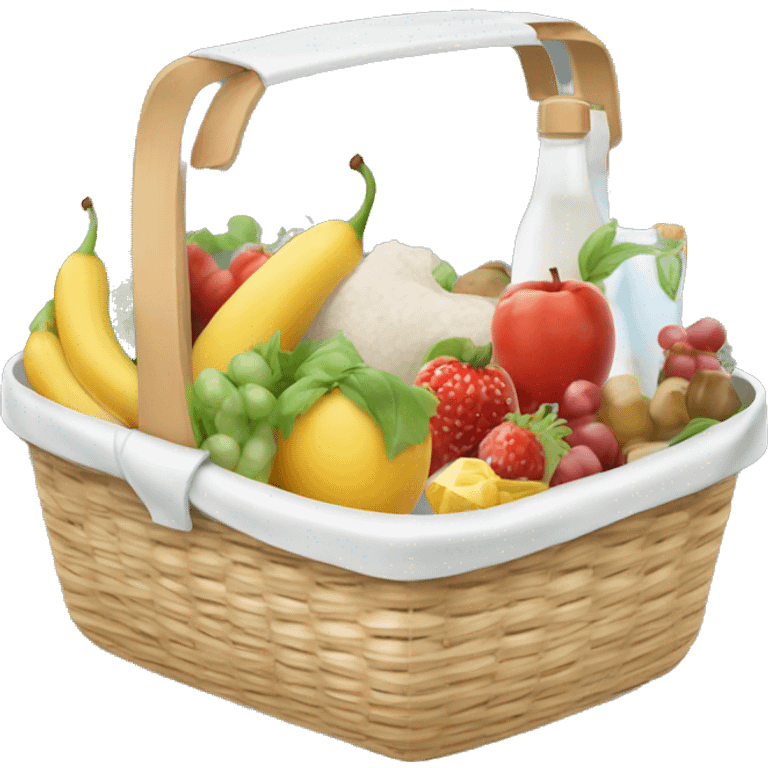 beautiful white picnic basket filled with romantic summer foods with a Summer Core emoji