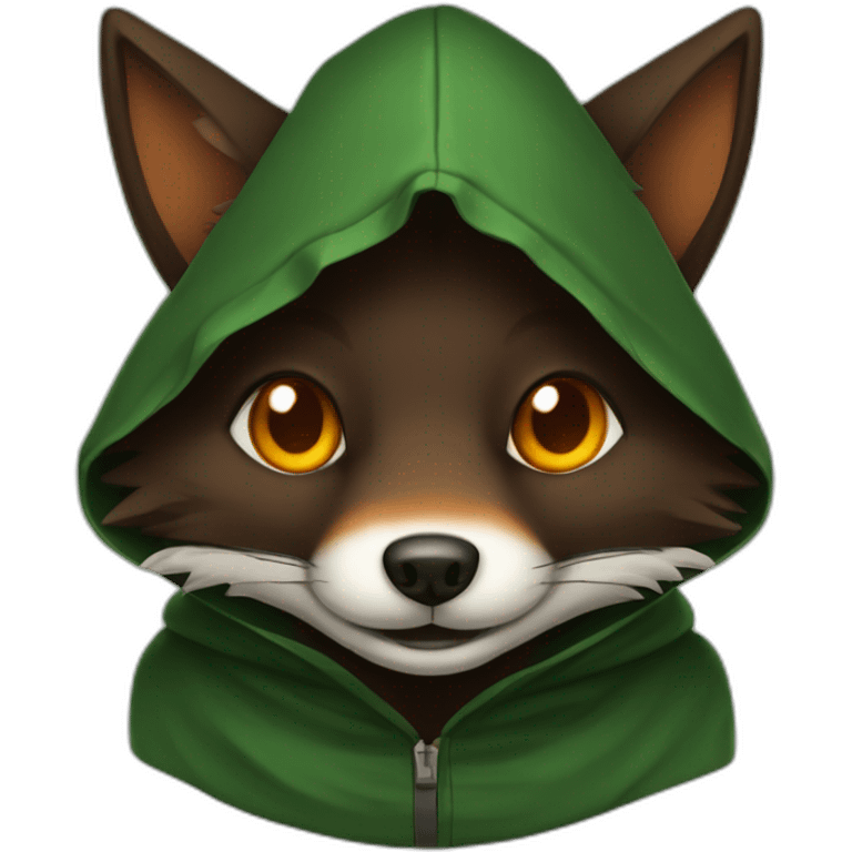 small dark brown fox with orange eyes and a dark green hood that smile emoji