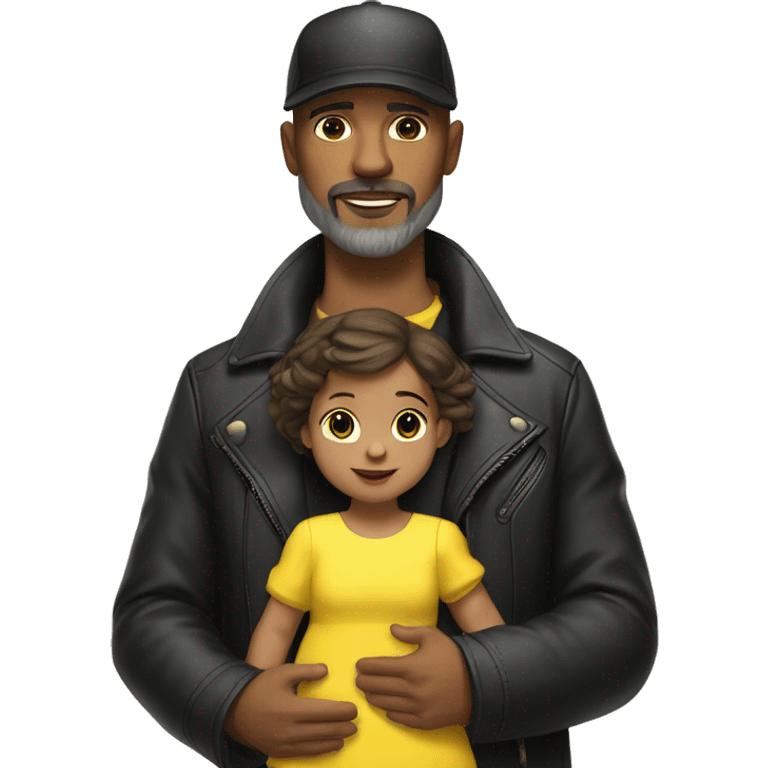 White-skinned man with stubble, gray beard, brown hair, black eyes, black Reebok cap, leather jacket, holding infant girl in yellow dress with yellow bow. emoji