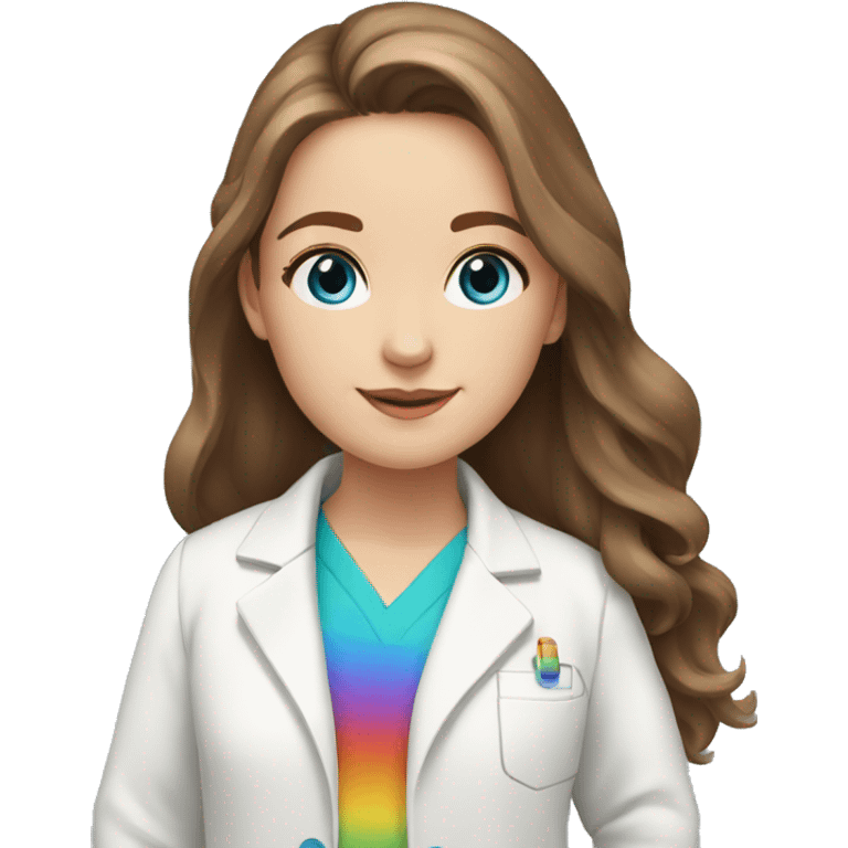 White young girl with long brown hair and blue eyes wearing a rainbow pharmacist coat emoji