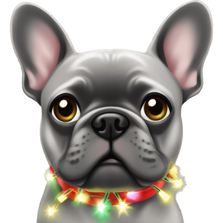 Grey frenchie chewing on Christmas lights emoji