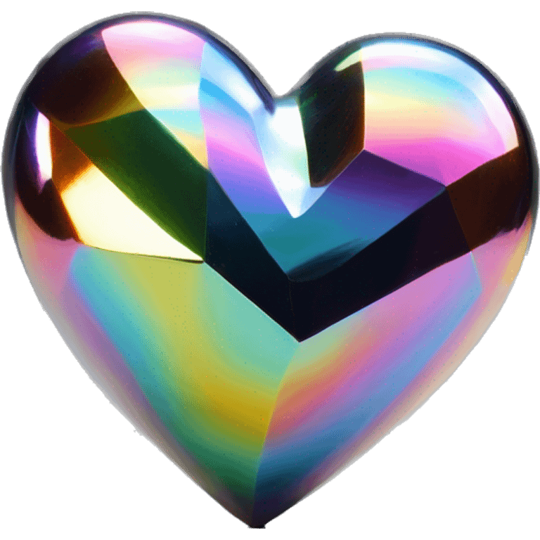 symbolic heart chrome sculpture symbolizing chromatic light with a geometric, faceted design. The heart is standing upright with angular and baroque features. The vibrant rainbow of colors highlights the sharp edges and planes.  emoji