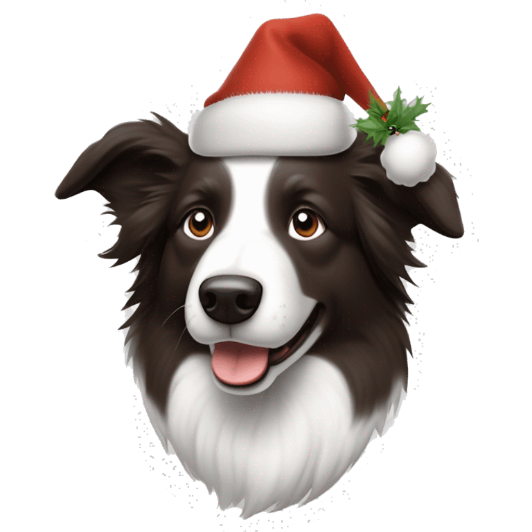 Bordercollie mit braunen und grauen stellen im weißen Gesicht. Spitze Ohren Ohren weis gesicht unterer Teil braun grau. Hat weihnachtsmütze auf  emoji