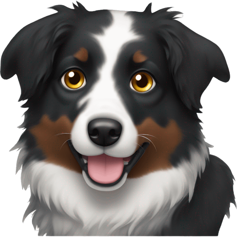 Small black australian shepherd dog with dark brown eyes and black face emoji