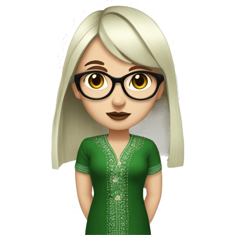 White girl in a green kurta with flower design, glasses, alot of piercing, gay, red lips, nose ring, full body, short straight black edgar hair, black straight hair, front bangs emoji