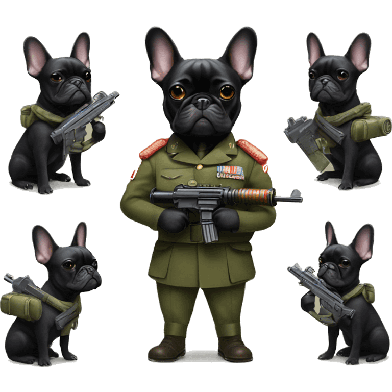 black french bulldog in military uniform with a machine gun emoji