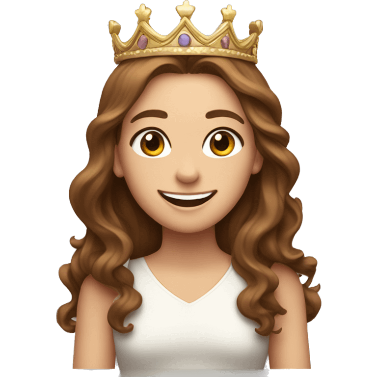 a white girl with brown wavy long hair, brown eyes and big smile wearing a crown emoji