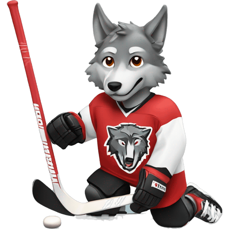 A wolf in a red black and white hockey uniform with a wolf emblem emoji