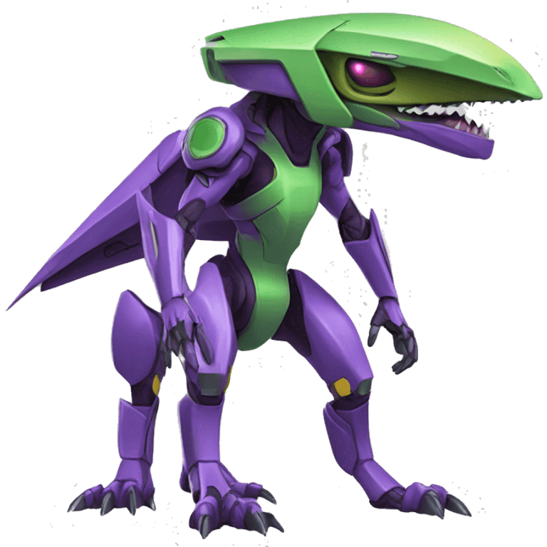 a purple-green Genesect-Raptor-Fakémon—hybrid with a futuristic visor-helmet full body emoji