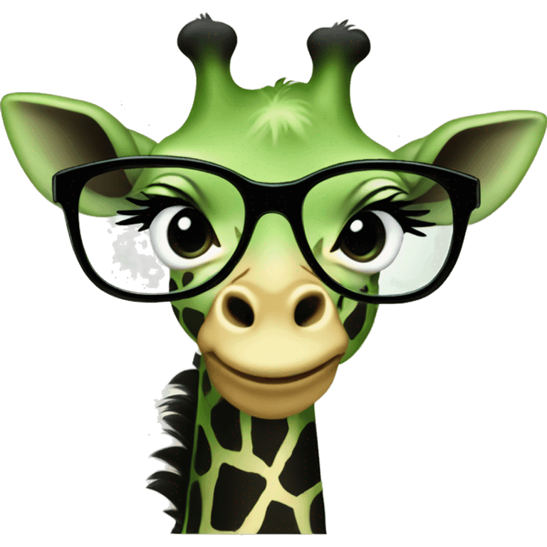 Green baby girl giraffe wearing black frame eyeglasses  emoji