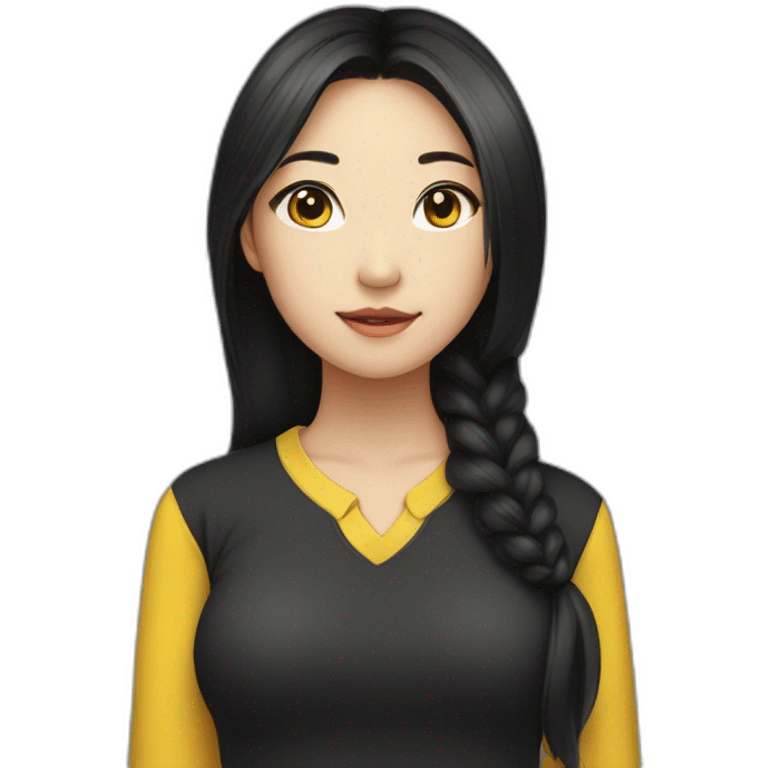 Female asian round face with black long untied hair yellow highlight in a black shirt emoji