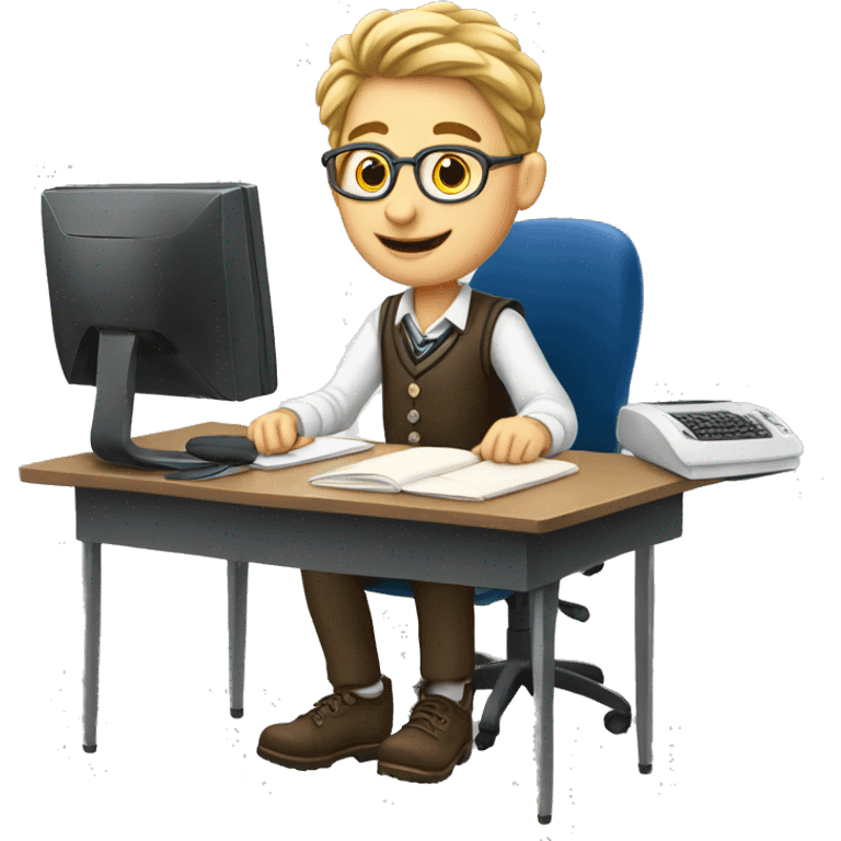 European schoolboy sitting at desk,  computer on desk emoji