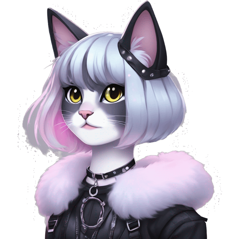 Gorgeous sparkly ethereal shiny gradient gothic dark techwear anime style anthro cat with blushing face aesthetic and pretty edgy black with collar and harness trending style emoji