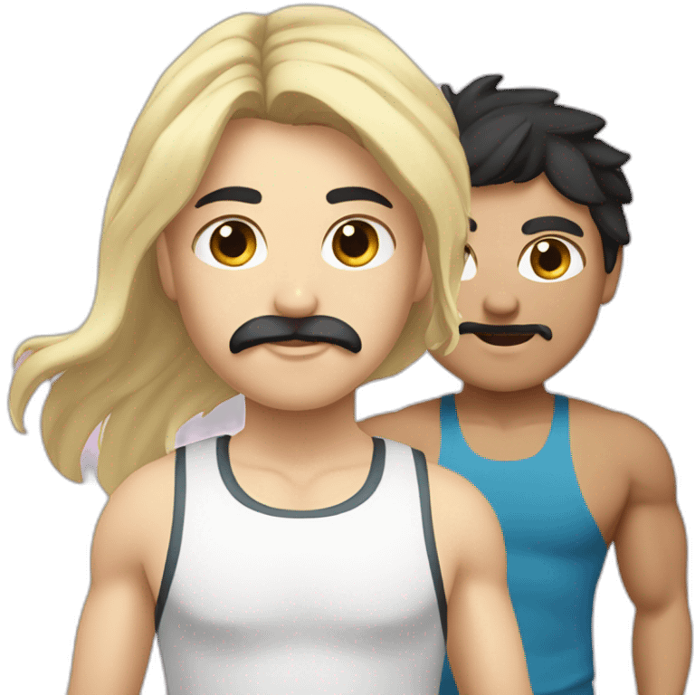 A guy with white skin, black hair, and a mustache with a blonde girl going to the gym emoji