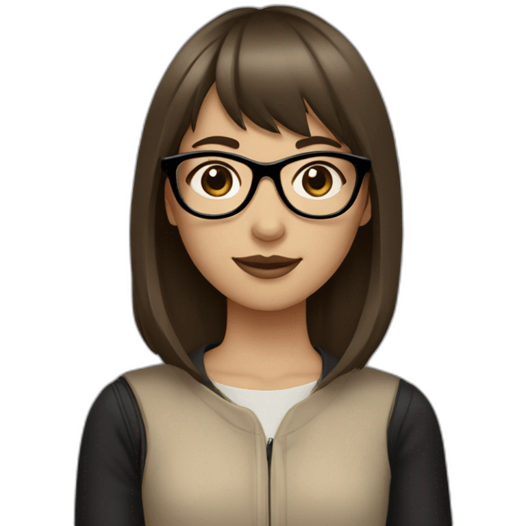 a girl with medium-length brown hair and straight bangs and brown eyes wearing black glasses and beige clothes reminding a fish in its style emoji