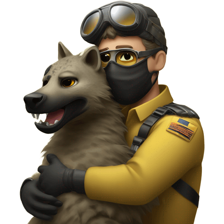 Yellow army Pilot with black mask googles, and then a big hyena hugging him emoji