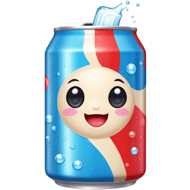 Cute Kawaii Soda Can, bubbly and vibrant, bright red and blue stripes, playful fizz popping around, a chubby happy face with wide sparkling eyes, energetic and refreshing! emoji