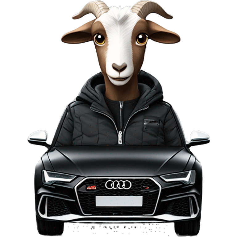 goat in black puffy jacket driving black 2023 Audi RS6 emoji