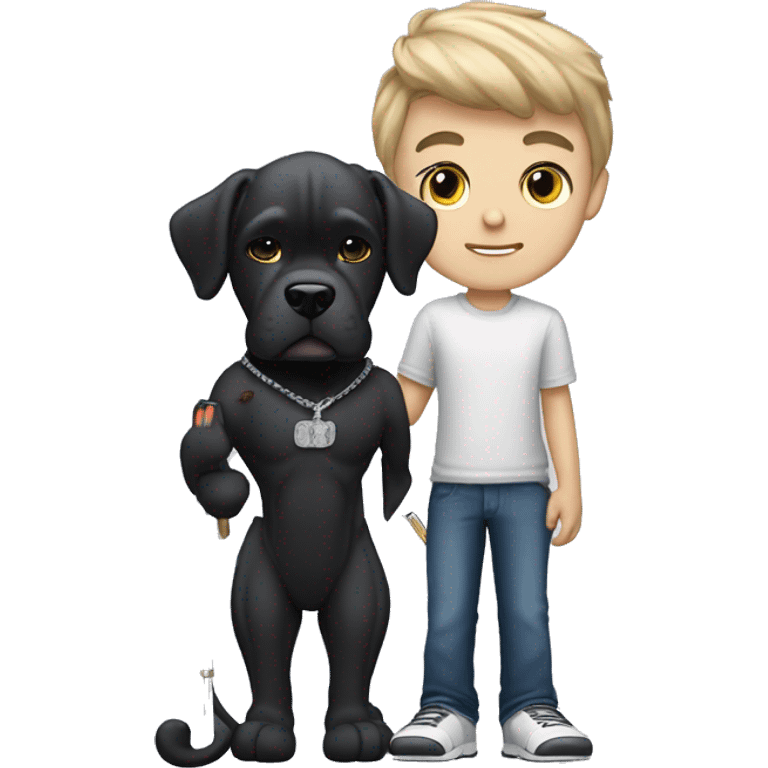 young white kid with justin beiber hairstyle standing alongside a black cane-corso emoji