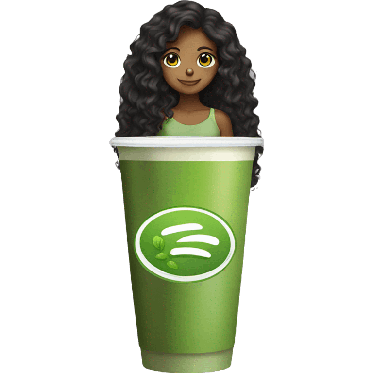 A brown girl who’s drink matcha with black curly long hair  emoji