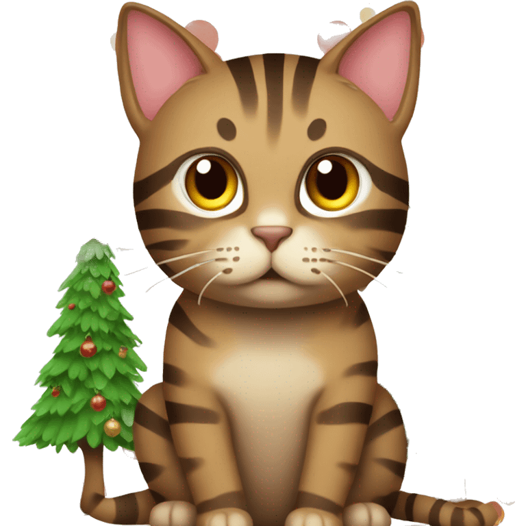 Brown striped cat sitting under a Christmas tree  emoji