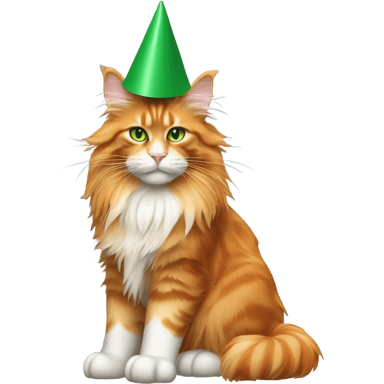 full body of orange maine coon cat with green eyes wearing a party hat with a pom-pom  emoji