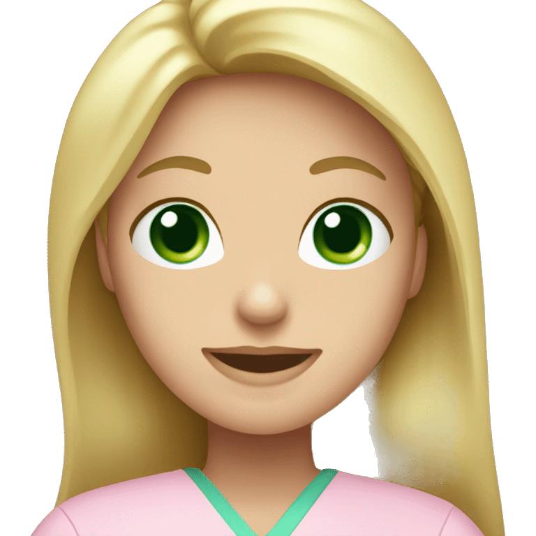 Woman dentist with long blonde hair and green eyes wearing pink scrubs emoji