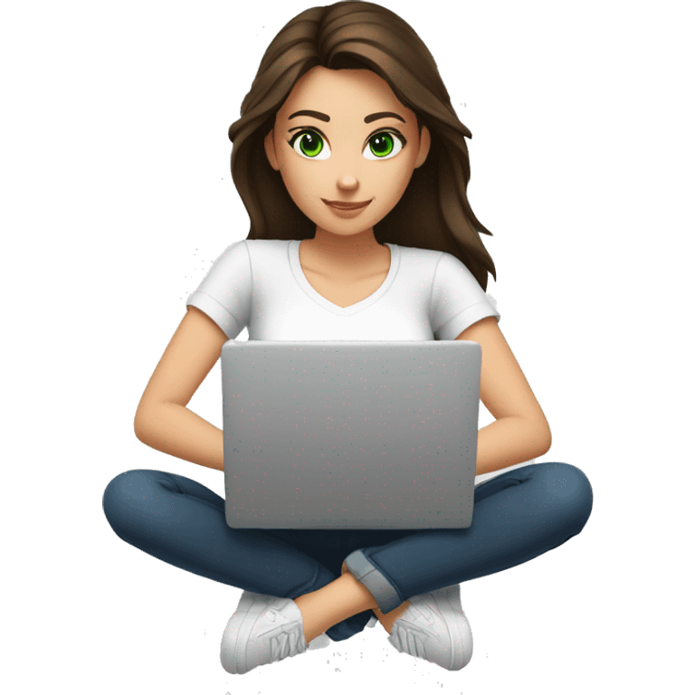 a young brunette woman with green eyes, wearing a white T-shirt, writing on her laptop in front of her emoji